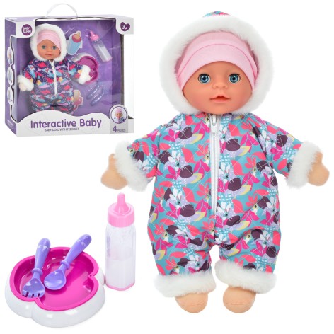 Пупс мягконобивный 36см, звук, бутылка, тарелка, ложка, вилка, 2 вида, в кор-ке, 40-38-11 