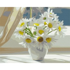 Картина за номерами: Ромашки в білій вазі на вікні 40*50