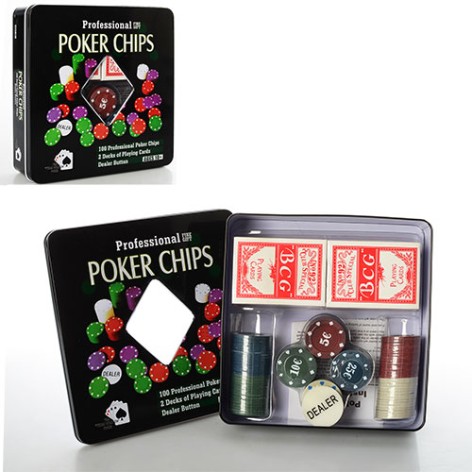 Настільна гра покер, фішки, карти - 2 колоди, в коробці (метал), 20-20-5 см