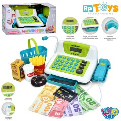 Касовий апарат 25см, калькулятор, мікрофон, музика, звук(укр), світло, сканер, продукти, навчальний(цифри), гроші, 17пр,на бат-ці,в кор-ці, 36,5-18,5-18см /6/