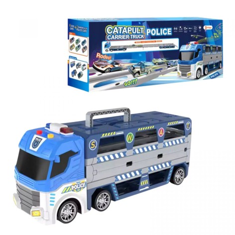 Трейлер-трек "Полиция", размер 38х10.5х15 см, длина трека 135 см, механический запуск, подсветка, звук, 2 металлопластиковые модели, 6 пластиковых моделей, в коробке