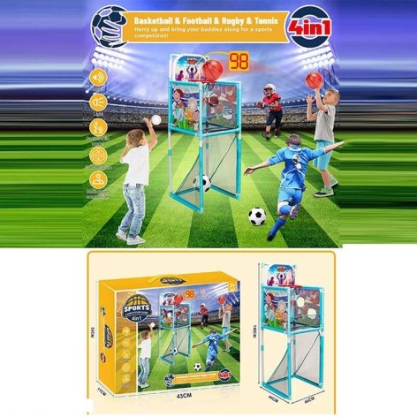 Набор спортивных игр 4 в 1, баскетбол, футбол, теннис, регби, музыка, электронный счетчик, сетка, на батарейках, в кор. /12-2/