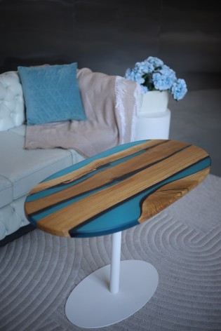 Журнальний стіл Vitan "Еліпс, блакитний острів №2" натуральне дерево дуб, епоксидна смола, металевий каркас (22.5 кг)