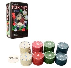 Настольная игра покер, 100 фишек (с номиналом), в коробке (металл), 12-19,5-5 см