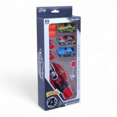 Набор металлических моделек с запуском и аксессуарами, 3 машинки (красная)