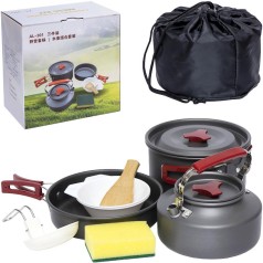Набор посуды для кемпинга AL-301: чайник, кастрюля, сковорода, тарелки, половник, лопатка, губка