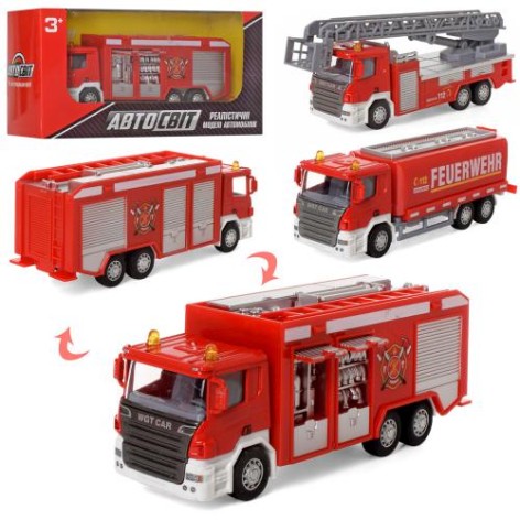 Машинка игрушечная АвтоМир, металлическая, инерционная, пожарная, 16 см, 3 вида, в коробке,19-9,5-6,5 см