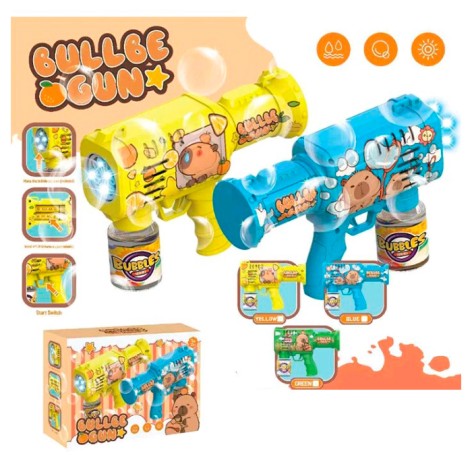 Мильні бульбашки пістолет/автомат, 20,5см, капібара, світло, запаска 7-5см, 3 кольори, на бат-ці, в кор-ці, 21-15,5-7см /36/