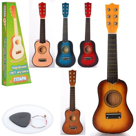 Гітара іграшкова дерев'яна, 52 см, 6 струн, запасна струна, медіатор, 3 кольори