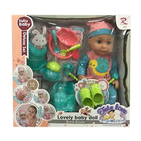 Пупс 9591 пьет из бутылочки, закрывает глаза, аксессуары, музыкальный чип, высота 34 см, в коробке