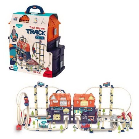 Трек 89972 2в1 бокс+трек, потяг, звук, 222 елементи, длина треку 127см, двері будинку відчиняються, рейки, біля валізі