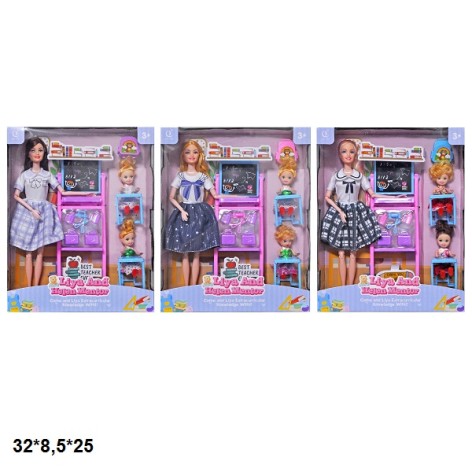 Кукла 28см 983-27 учитель с учениками и аксес.3в.кор.32*8,5*25 