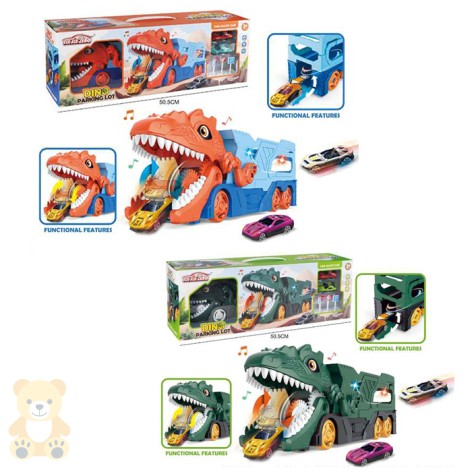 Трейлер динозавр, 34,5см, 1:64, 2в1(трек), звук, світло, машинка (метал, 7см) 2шт, дорожні знаки, 2 кольори, на бат-ці, в кор-ці, 51-17,5-13,5см 