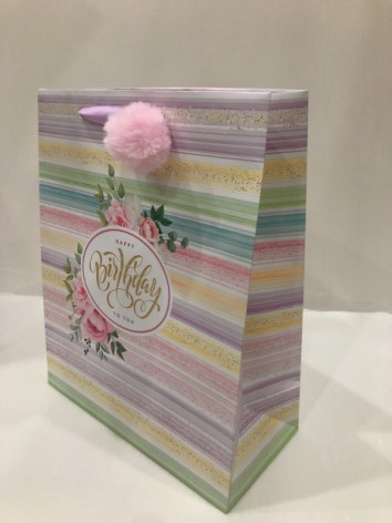 Пакет подарочный бумажный, 26х32х12 см, бумажный мелованный, 140г/м2 + матовая ламинация , великий пухнастий помпон 5 шт. в уп.