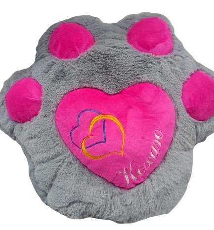 М'яка іграшка Подушка-лапка з серцем сіро-малинова, 45*47 см