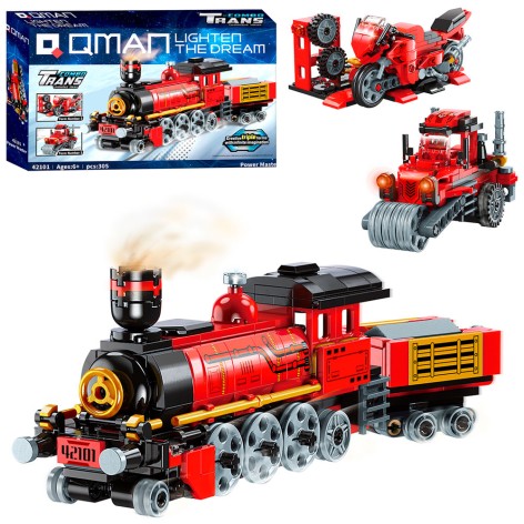 Конструктор Qman 3в1(поїзд, будтехніка, мотоцикл), 305дет, в кор-ці, 31,5-19-5см 
