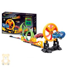 Трек 140см, колесо-перешкода (обертається, заводне), 360, машина 2шт (6,5см, інерц, світло), 21дет, на бат(табл), в кор-ці, 46-30-6см 