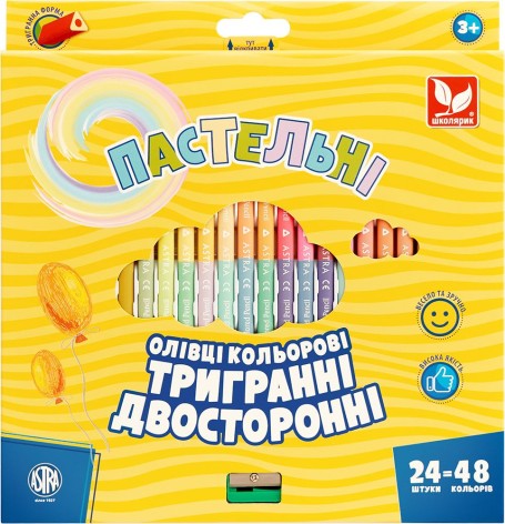 Карандаши цветные трехгранные двухсторонние пастельные цвета + чинка – 48 цветов (24 шт.)