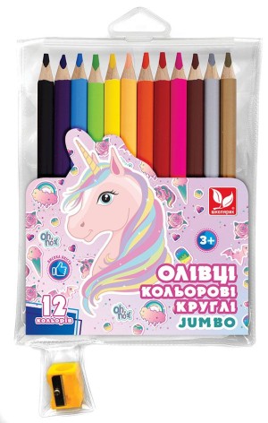 Карандаши цветные круглые Джамбо Unicorn 12 цветов + чинка