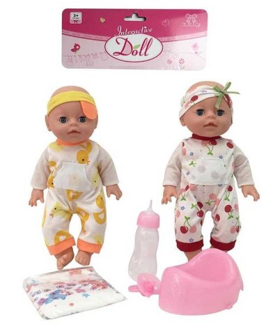 Пупс 2 види, 34 см, п'є, ходить в туалет, заплющує очі, горщик, пляшка, пустушка, у п/е 