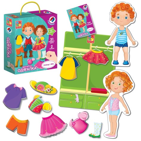 Настільна гра Vladi Toys "Магнітна одягалка Олівер і Мія" 2 ляльки 31 магнітний елемент одягу шафа модний журнал (VT3702-12)