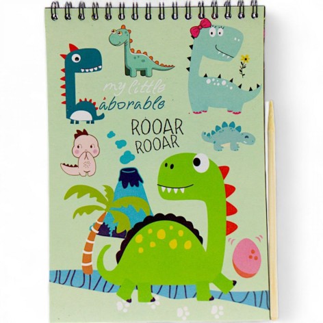 Блокнот-гравюра А5 "Динозавр" 8 листов, черные листы, деревянная палочка(36385)