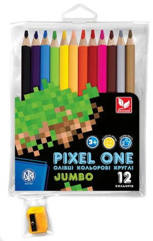 Карандаши цветные круглые Джамбо Pixel One 12 цветов + чинка