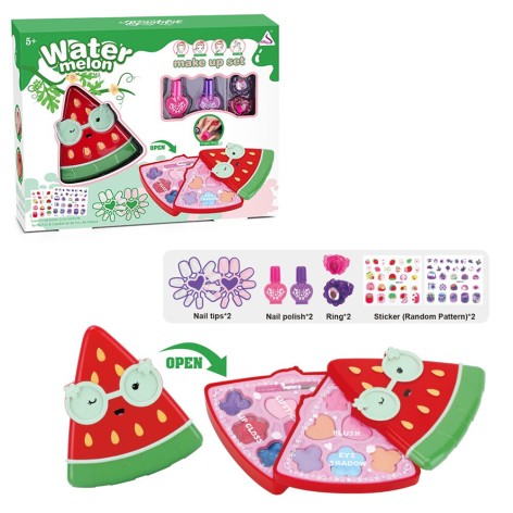 Косметика кавун, 2 яруси, 12-10,5-4см, тіні, набір для манікюру (лак 2шт, наліпки, накладні нігті), каблучка  2шт,в кор-ці, 32,5-25-6см /24/