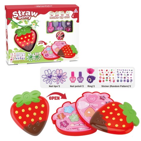 Косметика полуниця, 2 яруси, 12-11-3,5см, тіні, набір для манікюру (лак 2шт, наліпки, накладні нігті), каблучка  2шт,в кор-ці, 32,5-25-6см /24/