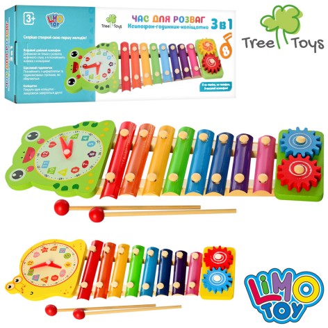 Деревянная игрушка Ксилофон 8 тонов, часы, шестеренки, палочки 2 шт., кор., 39-13,5-4 см 