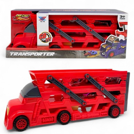 Автовоз-паркинг "Transporter", запуск, 4 машинки (красный)