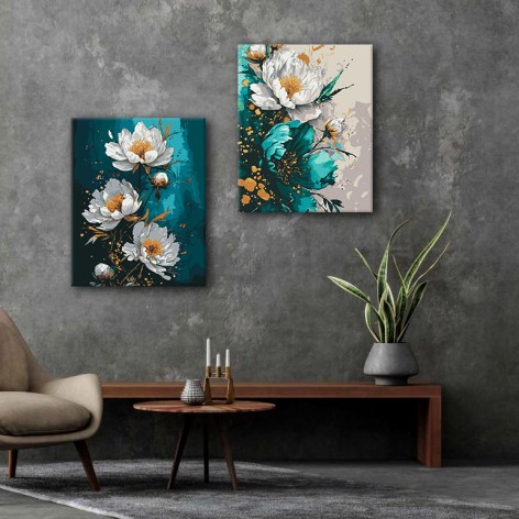 Набір картин за номерами Riviera Blanca "Бірюзові букети" з фарбами металік 40x50 см 2 шт (ITR-090)