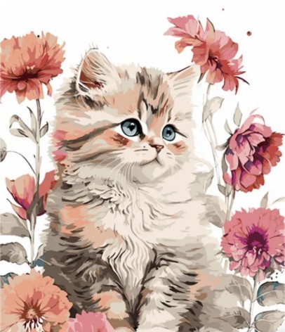 Набір для розпису за номерами Ніжні квіти та пухнастик на кольоровому фоні розміром 40х50 см (MZ071)