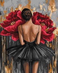 Картина по номерам - Балерина с красными пионами с красками металлик 40х50 см.
