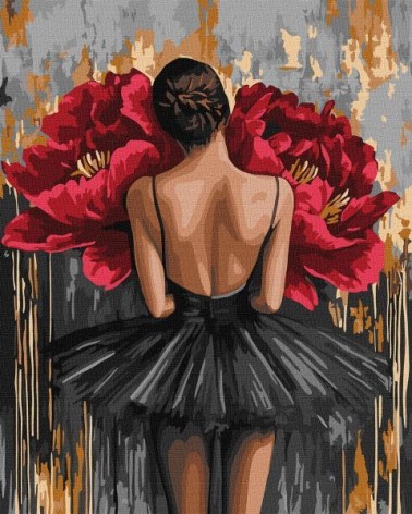 Картина по номерам - Балерина с красными пионами с красками металлик 40х50 см.