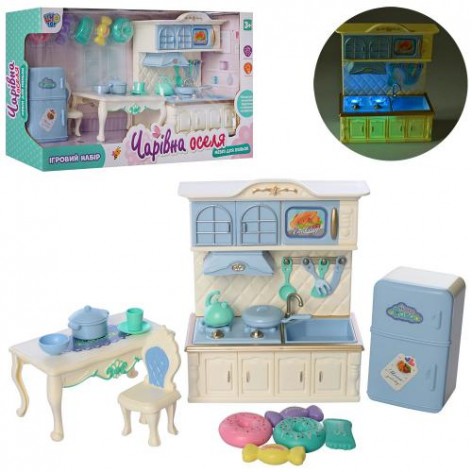 Меблі лялькові кухні, посуд, солодощі, звук, світло, батарейки (таблетки), в коробці, 38-21-9 см