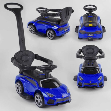 Машинка толокар Joy синий, русская озвучка, музыкальный руль, родительская ручка, съемный защитный бампер, багажник