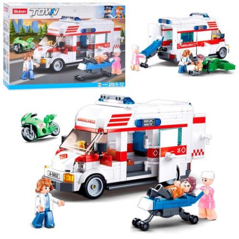 Конструктор SLUBAN швидка допомога 17см, каталка,мотоцикл, фігурки,328дет, в кор-ці, 38-29-7см 