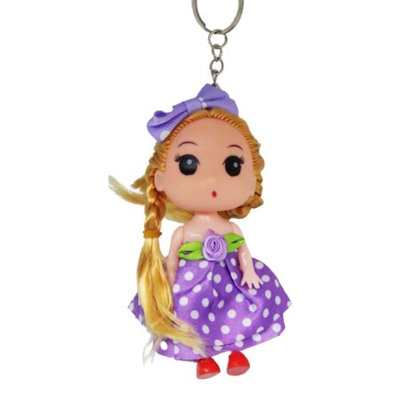 Лялька брелок у БУЗКОВІЙ сукні в дрібний горошок