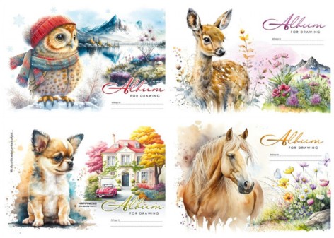 Альбом для рисования, 100г, на скобе, 202х292 мм, 24 листа. диз.23045-23048