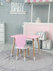 Стол прямой 46х60х45 и стул мордочка медведика 26.5х26х25, столик и стульчик для девочки, розовый с белым