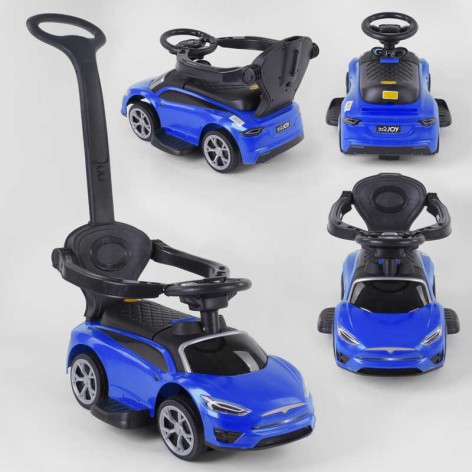 Машинка толокар Joy синий, русская озвучка, музыкальный руль, родительская ручка, съемный защитный бампер, багажник