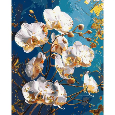 Картина за номерами Квітка орхідеї на блакитному попелиці. З фарбами металік 40*50 см Орігамі LW 30431
