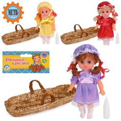 Лялька 21,5см, звук, корзинка з ручками, пляшечка, 3 кольори, у п/е 14-31-7см /144/