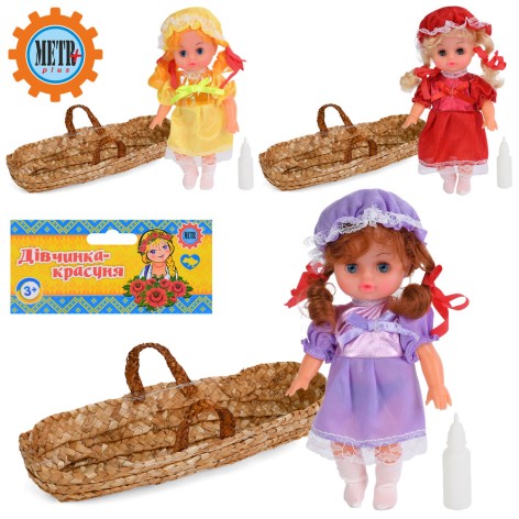 Лялька 21,5см, звук, корзинка з ручками, пляшечка, 3 кольори, у п/е 14-31-7см /144/