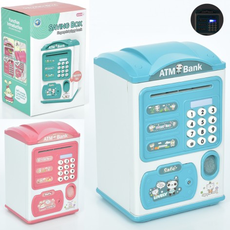 Копилка сейф с кодом, 13,5-20-11см, отпечаток пальца, затягивающая купюры, 2 цвета, звук, свет, на бат, в кор-ке, 14-21-12см 