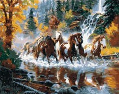 Картина по номерам VA-1605 "Коні мчать по воді у осінньому лісі", розміром 40х50 см