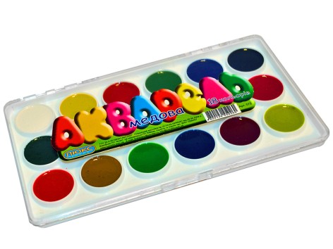 Фарби акварельні 18 кольорів, медові, прозора пластикова коробка 