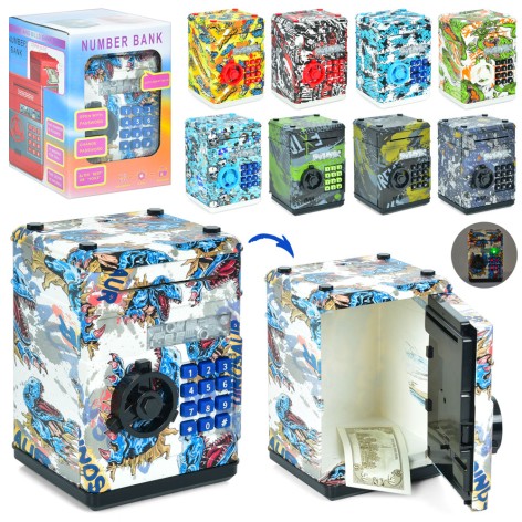 Копилка сейф с кодом, 19,5-13,5-13,5см, затягивает купюры, звук, свет, 9видов, на бат, в кор-ке, 14-20-14см 