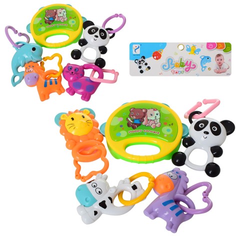 Погремушка 4шт, животные, от 10см, бубен, 2виды, в п/э, 23-26-6см 